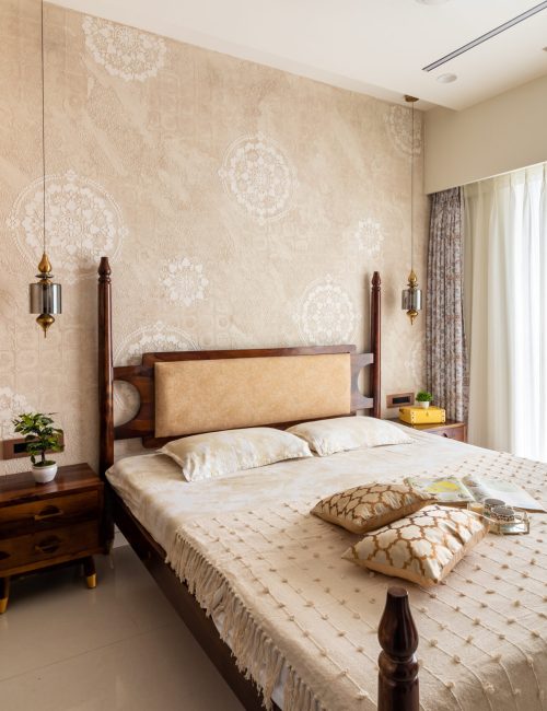 Warm-toned bedroom with a wooden four-poster bed